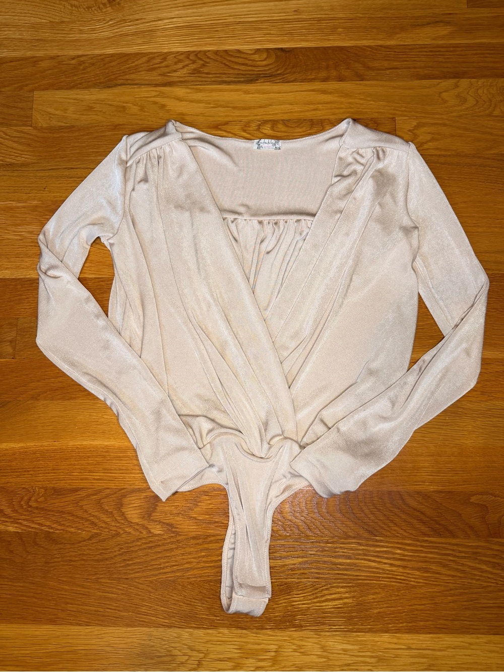 Free People Intimately Cream Deep V Long Sleeve Thong Bodysuit Size S